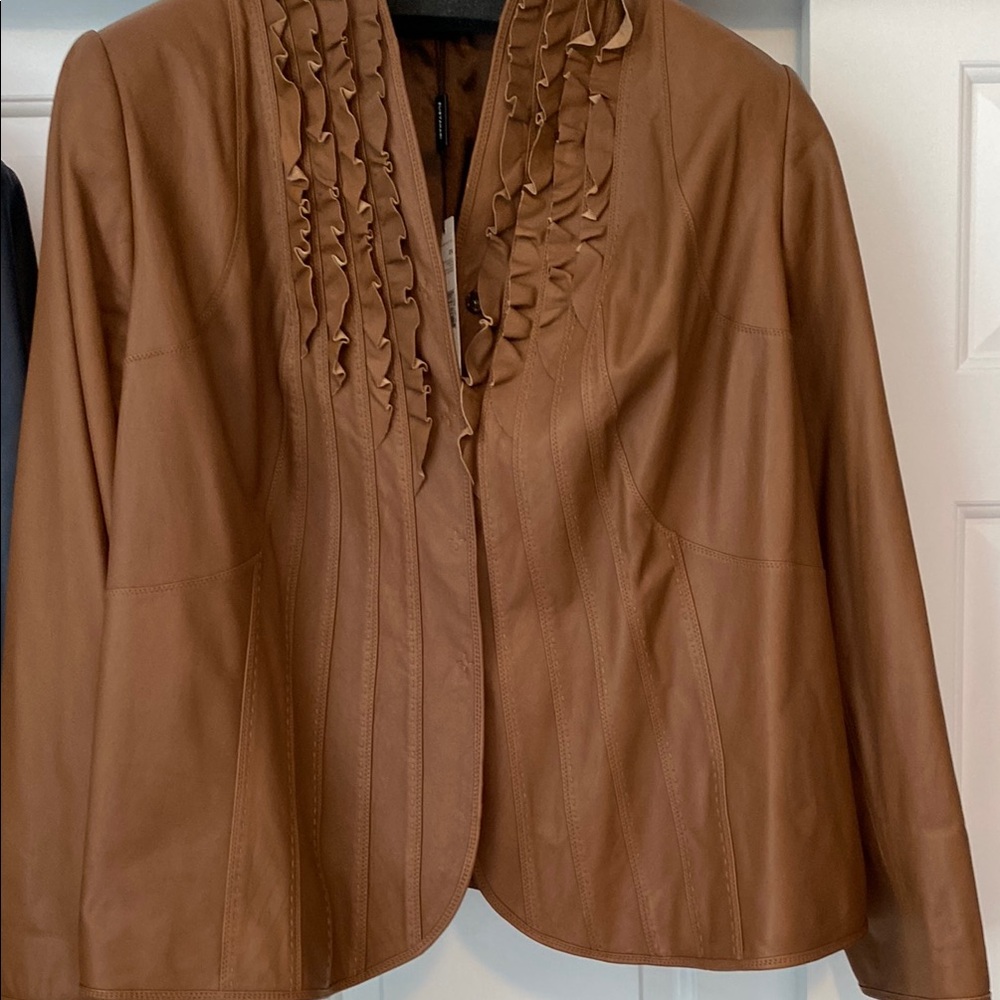 Elie Tahari Brown Leather Jacket with Ruffle Detail